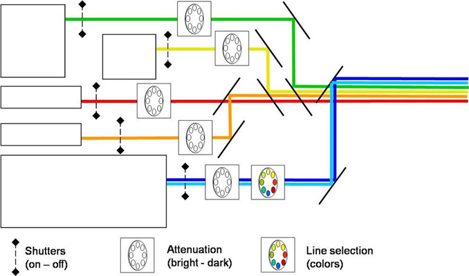 传统的“激光电池”用于多参数共聚焦显微镜的选择激发谱线滤光片转轮